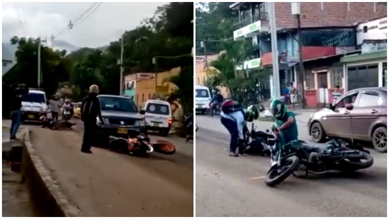 En video quedó registrada caída simultánea de cuatro motociclistas en una vía del sur Ibagué