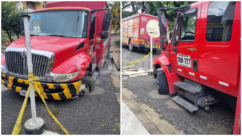 Por mal estado de la vía, la tierra se ‘tragó’ un camión de Coca-Cola en Ibagué