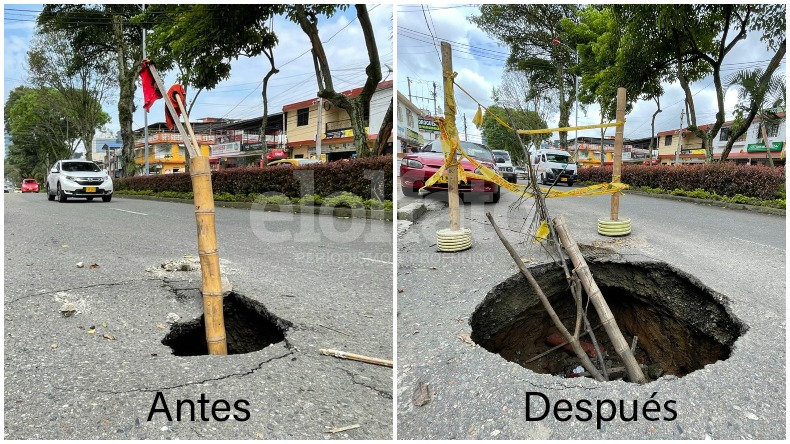 Aumentó el tamaño del 'cráter' que pone en riesgo a los usuarios de la avenida Guabinal en Ibagué