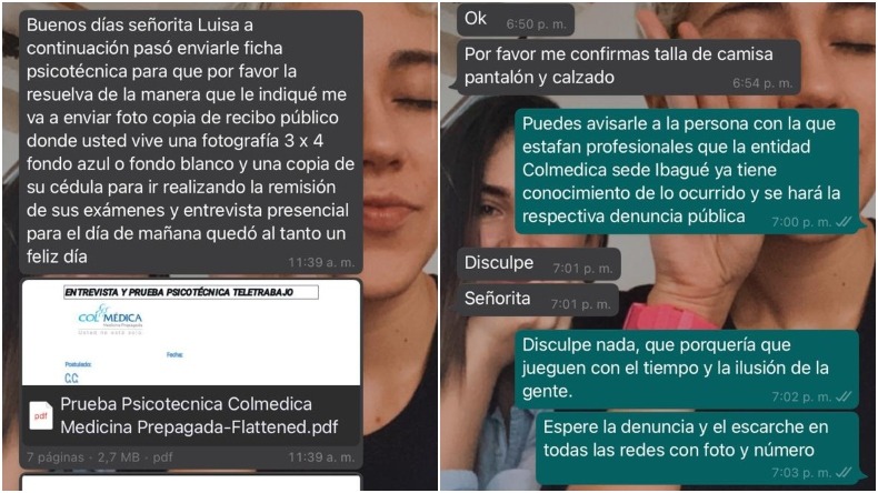 Psicóloga ibaguereña denuncia que iban a estafarla con falsa oferta laboral en un centro médico