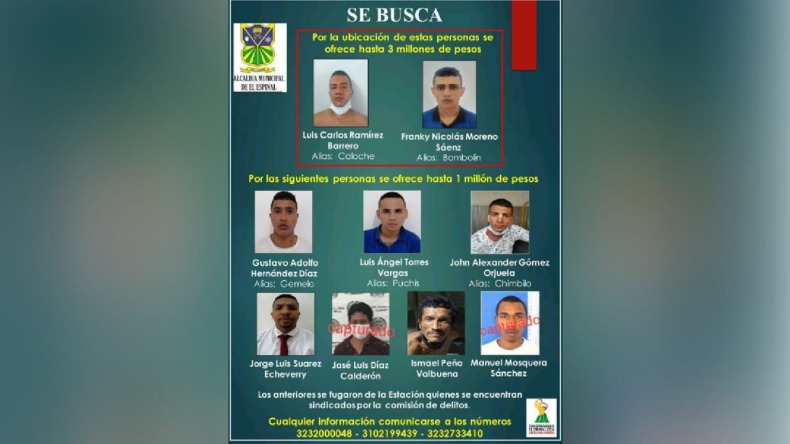 Ofrece recompensa por información que permita la recaptura de reclusos en El Espinal 